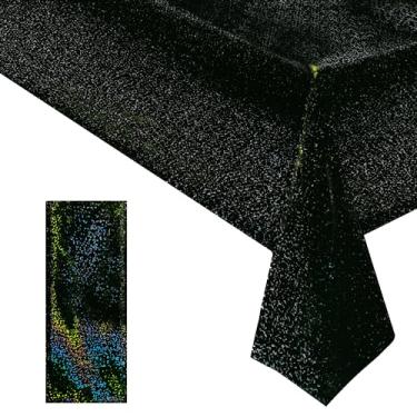 Imagem de 1 peça de toalha de mesa holográfica preta a laser galáxia espaço toalha de mesa 40 x 267 cm estrela brilhante capa de mesa para Halloween aniversário formatura neon suprimentos de festa descartável