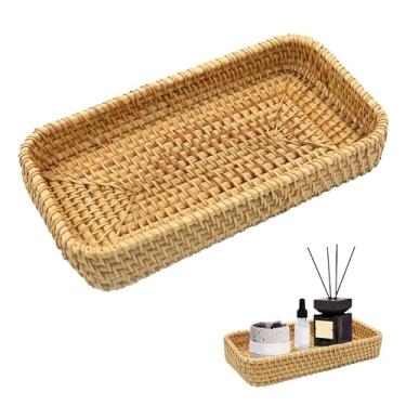 Imagem de Bandeja de servir pequena de vime, bandeja decorativa de tecido natural, cesta de mesa de entrada para chaveiros, organizador de joias, prato para mesa de café, sala de estar, quarto (marrom)
