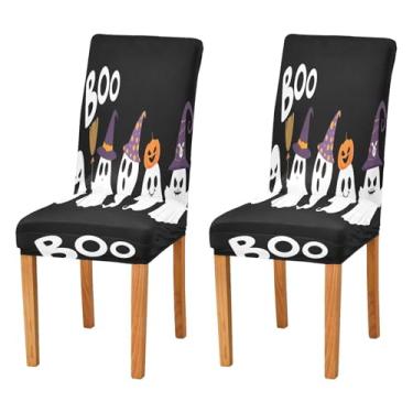 Imagem de JUZIHAI Conjunto de 4 capas de cadeira de Halloween, removíveis, laváveis, Boo Ghosts, capas de assento elásticas para cozinha, sala de jantar, hotel, decoração de banquete