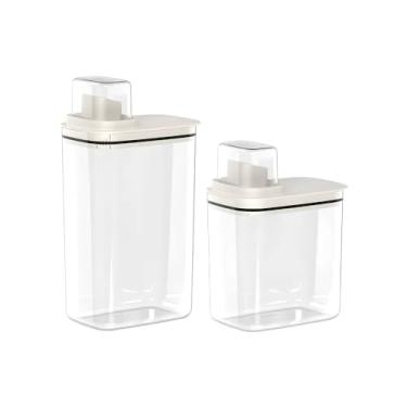 Imagem de Dispensers de Sabão Multiuso, Kit Organizadores de Lavanderia, PS Poliestireno, Bege, 2,3L e 1,5L, Tampa Medidora com Gradação, Design Elegante