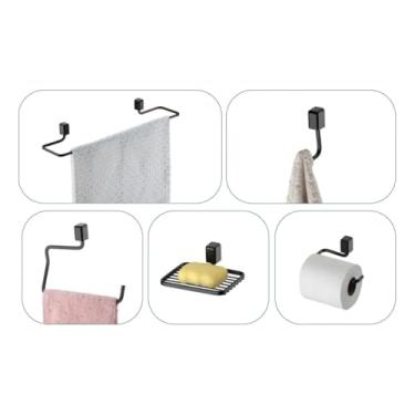 Imagem de Kit Acessórios para Banheiro, 5 Peças, Preto Fosco, Metal Cromado, Suporte para Toalha e Papel Higiênico, Instalação na Parede