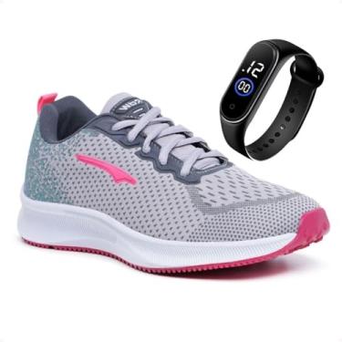 Imagem de Kit Tênis Caminhada Academia Feminino Confortável Leve Esportivo + Relógio (Cinza, BR, Adulto, Numérico, 38)