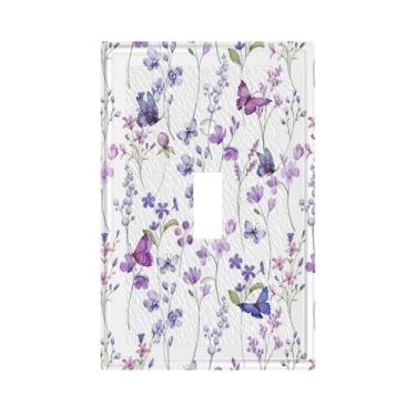 Imagem de WJLKSJD Flores de borboleta roxa floral 1 gangue interruptor de luz única placa decorativa placas de parede placa elétrica interruptor de luz para quarto de meninas e banheiro