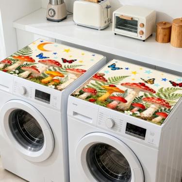 Imagem de GLOBLELAND 2 peças cogumelo borboleta flor máquina de lavar roupa secadora capa contra poeira 23,6 × 23,15 cm samambaias protetor superior almofadas antiderrapantes capas de máquina de lavar roupa