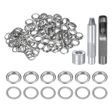 Imagem de HARFINGTON Kit de ferramentas de ilhós de 100 peças, conjunto de ilhós de cobre de 14 mm com furador oco, ferramentas de fixação de ilhós para roupas cinto de tecido de couro, tom prateado