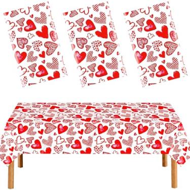 Imagem de BCCSNNM 3 peças de toalha de mesa de dia dos namorados vermelho amor coração toalha de mesa retangular descartável capas de mesa de plástico para cozinha, jantar, piquenique, casamento, festa
