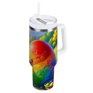 Imagem de ODAWA Caneca grande com isolamento de ovo de arco-íris de Páscoa com alça e canudo, copo de aço inoxidável isolado