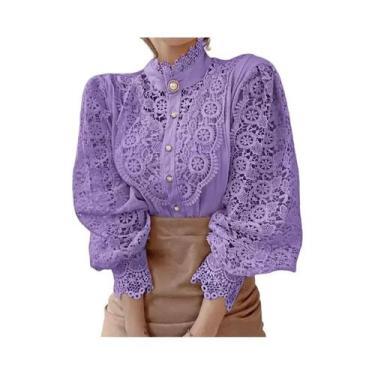 Imagem de Blusa Elegante Feminina De Renda Com Gola Alta E Manga Em Pétala, Blus