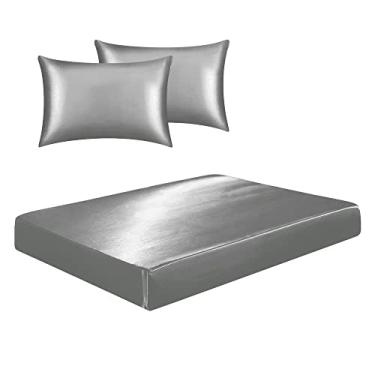 Imagem de LM Detona, Jogo Lençol Com Elástico e Fronha Cetim Seda Alto Brilho Cor:Cinza;Tamanho:Casal Padrão