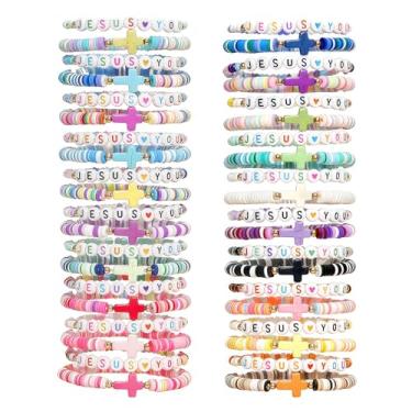 Imagem de Shcsdr 40 pulseiras femininas Jesus Loves You, pulseiras elásticas empilháveis para amizade cristã, versículo bíblico, joias religiosas para mulheres, presentes de Natal, 6.77 Inch, Vinil, Sem Pedra