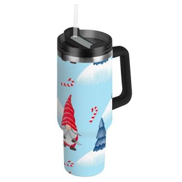 Imagem de Joisal Copo com alça 1,134 g Copos de aço inoxidável com tampa e canudos Garrafas de água engraçadas carros isolados caneca de café bebida quente peculiar Natal gnomo vermelho inverno