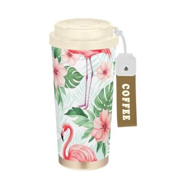 Imagem de TSENQUE Copo de café de 473 ml com canudo e tampa de enchimento, copo de parede dupla isolado a vácuo com revestimento cerâmico, flores de flamingos rosa e folhas