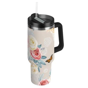 Imagem de Joisal Copos com tampa e canudo rosa pastel floral borboleta bege 850 g copo com alça carros à prova de vazamento garrafa de água isolada carros de aço inoxidável caneca de café bebida quente