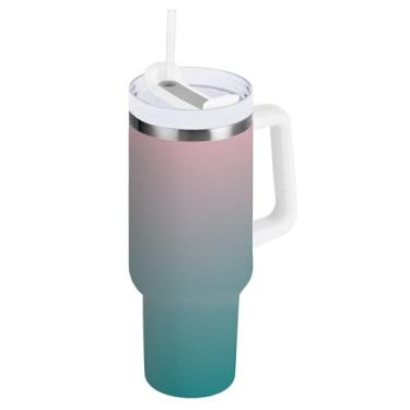 Imagem de Copos degradê rosa azul-petróleo com tampa e canudo garrafas de água isoladas de aço inoxidável de 850 g copo com alça garrafa de água à prova de derramamento para copo de carro