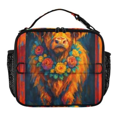 Imagem de Joisal Lancheira floral de vaca Highland para meninas, mulheres, lancheira infantil, masculina, lancheira para trabalho, bolsa térmica portátil com alça de ombro ajustável