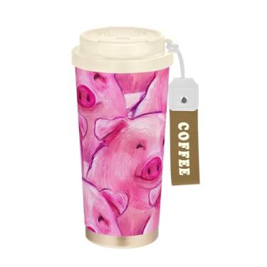 Imagem de TSENQUE Copo de café de viagem de 473 ml com tampa de canudo e filp, revestimento cerâmico isolado a vácuo de aço inoxidável copo de café de viagem à prova de vazamento, arte fofa de porco rosa