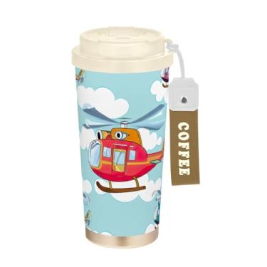 Imagem de TSENQUE Caneca de café de viagem de 473 ml, copo de café com revestimento cerâmico com tampa e palha, copo isolado a vácuo de aço inoxidável, helicópteros coloridos, nuvens azuis