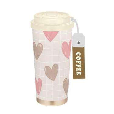 Imagem de TSENQUE Copo de café de 473 ml com revestimento cerâmico, copo de café de aço inoxidável com tampa e canudo, copo isolado a vácuo, rosa marrom corações bege xadrez
