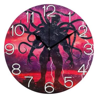 Imagem de GAIGEO Relógio de parede analógico decorativo relógio de cozinha bonito redondo sem tique-taque silencioso, retrô moderno art déco decoração de parede vermelho monstro preto arte legal, 25 cm