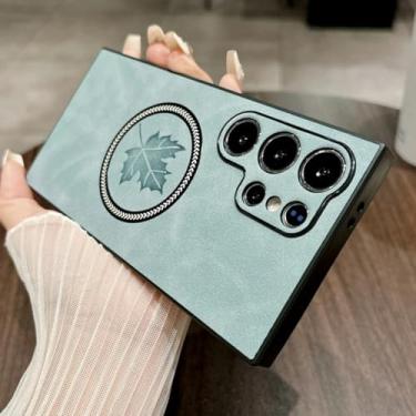 Imagem de HJZSZX Capa magnética retrô de couro fosco para Samsung S25, capa à prova de choque com carregamento sem fio (para Samsung S25/Azul Serra)