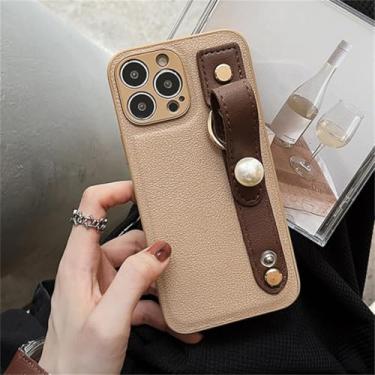 Imagem de IRTGFG Para iPhone 16 Promax Pulseira de Luxo Pérola Cor Sólida Couro Macio Capa À Prova de Choque (para iPhone 16 Promax/Cáqui)