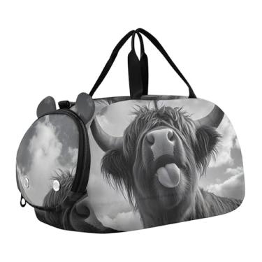 Imagem de Bolsa esportiva mística de gato preto com flores tropicais para meninas, bolsa de viagem noturna, com alça de ombro para meninos, Vaca Highland engraçada preta e branca, Clássico