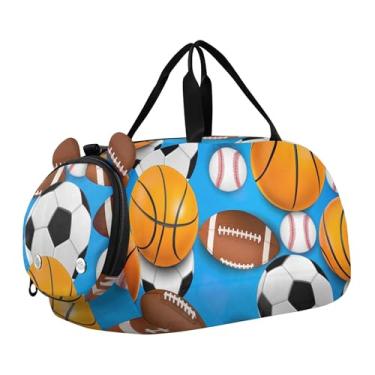 Imagem de Bolsa esportiva vibrante com estampa de framboesas rosa para meninas, bolsa de viagem para fim de semana, bolsa esportiva para meninos, Bolas esportivas azuis, Clássico