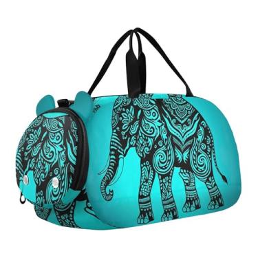 Imagem de Bolsa esportiva escocesa Highland com flores de vaca para meninas, bolsa de viagem noturna, compartimento de sapatos para meninos, Elefante tatuado azul oriental, Clássico