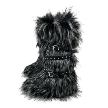 Imagem de YFJNV Botas de pele femininas, botas felpudas rosa com estilo y2k, bota alta peluda para o inverno, sapatos confortáveis, Preto, B, 38