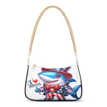 Imagem de Linda bolsa de ombro com corrente patriótica de tubarão de desenho animado para uso diário e festa