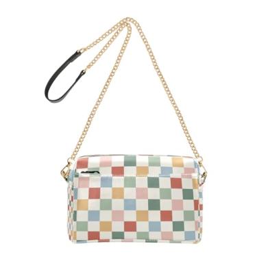 Imagem de Joitme Bolsa feminina transversal, arco-íris, quadriculado, retrô, para celular, bolsa de ombro de couro sintético com alça de corrente