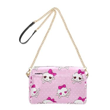 Imagem de Joitme Bolsa de ombro feminina transversal para telefone com caveiras fofas rosa desenho animado PU bolsa de ombro alça de corrente