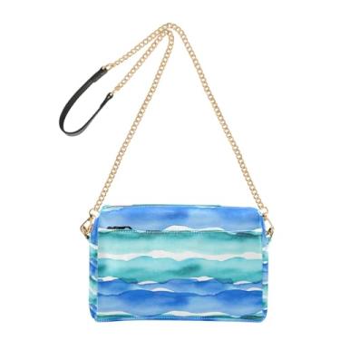 Imagem de Joitme Bolsas femininas transversais bolsa para celular linda bolsa de ombro de couro PU com alça de corrente aquarela ondas do oceano azul turquesa