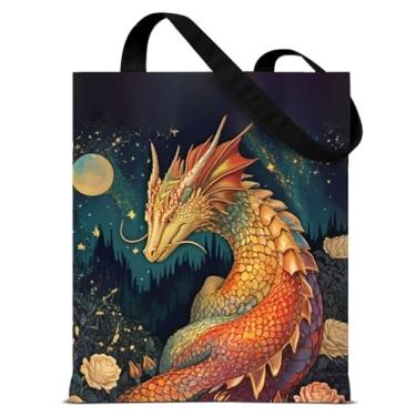 Imagem de QYCFDXD Bolsa feminina de lona vintage fantasia dragão floral extravagante estética reutilizável bolsa de ombro para compras de supermercado, viagens, trabalho, praia