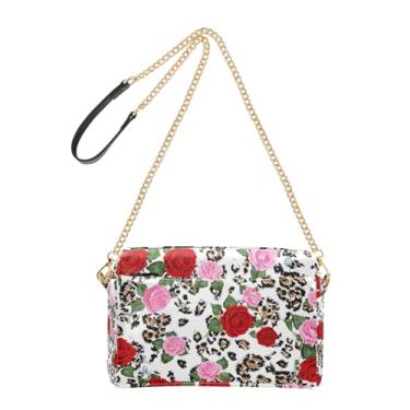 Imagem de Bolsa tiracolo feminina bolsa para celular rosa vermelha rosa flor leopardo PU bolsa de ombro com alça de corrente