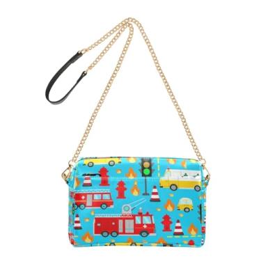 Imagem de Joitme Bolsa de ombro feminina transversal para celular com alça de corrente de couro PU bolsa de ombro bonito desenho animado caminhões de bombeiros azul