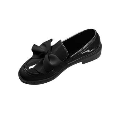 Imagem de Mocassins femininos casuais de couro estilo primavera moda casual cor sólida laço de um pé salto grosso salto baixo, Preto, 36