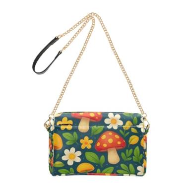 Imagem de Joitme Bolsa tiracolo feminina fofa vermelha amarela cogumelos bolsa para celular bolsa de couro PU bolsa de ombro alça de corrente