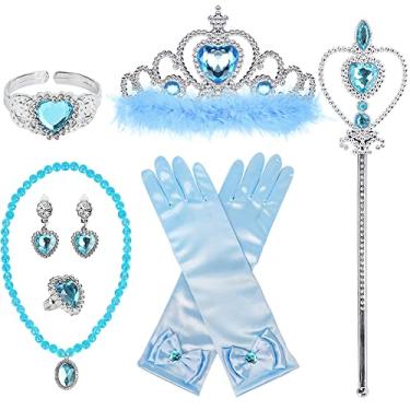 Imagem de BIBUTY Acessórios de vestido de princesa, luvas de princesa, conjunto de 7 peças para meninas com coroa de princesa, varinha, luvas, colar, brincos, pulseira e anel, brinquedos de fantasia para