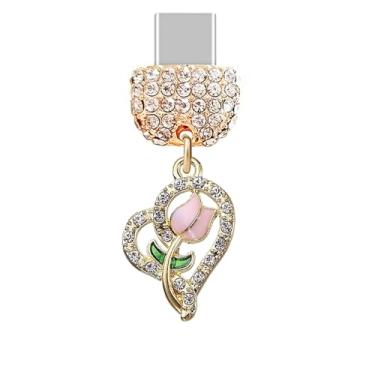 Imagem de ELISE & FONDA TP1010 Tipo-C Porta de carregamento Cristal Antipoeira Plug Little Love Heart com pingente de celular rosa para iPhone 15/16/Samsung/OnePlus/Xiaomi/oppo telefones Android (rosa)