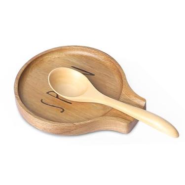 Imagem de LBEMEY Descanso De Colher Madeira Acácia Para Fogão - Suporte Redondo Lisa Bancada Cozinha Com Pés Silicone Antiderrapantes, Colheres, Espátulas E Pinças Perfeitas, Marrom (Etiquetado Como "Colher")