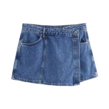 Imagem de Camisa Cropped De Manga Curta Em Jeans Azul Para Mulheres, Moda De Rua