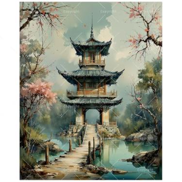 Imagem de Kit de pintura de pagode tranquilo no centro do lago por números para adultos - DIY pintura de jardim chinês em tela 40,6 x 50 cm, conjunto de tinta acrílica emoldurada, adequado para iniciantes, arte