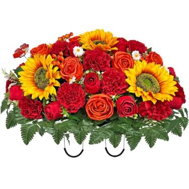 Imagem de Naramiji Sela de flores de cemitério e lápide - girassol artificial rosa bagas cravo margarida