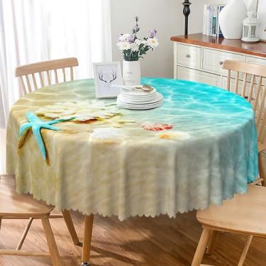 Imagem de Laeacco Toalha de mesa redonda para verão, oceano, 152 cm, tropical, sol, mar, estrela-do-mar, concha e concha lavável, impermeável, sem vincos, para cozinha, jantar, piquenique, praia, festa