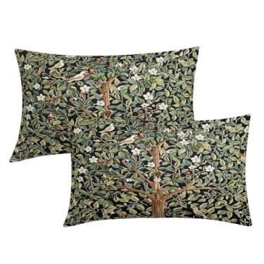 Imagem de Capas de almofada lombar verde árvore 30,5 x 50,8 cm Conjunto de 2 fronhas decorativas florestal pássaro florestal primavera vintage flor capa de almofada casa de fazenda decoração de casa para sofá