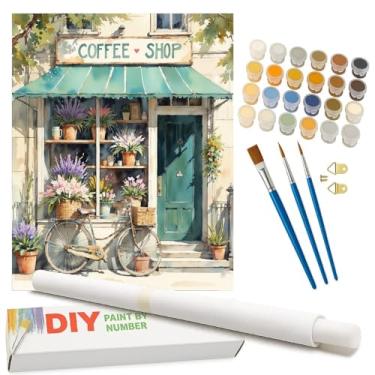 Imagem de Kit de pintura City Life por números para adultos – DIY Coffee Shop e pintura de bicicleta em tela enrolada 40 x 50 cm, conjunto de tinta acrílica, adequado para iniciantes, arte para decoração de