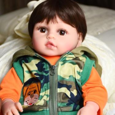 Imagem de Sweetie Reborn Bebê Reborn Menino com Cabelo Kanekalon Olhos Castanhos 48cm Roupa Camuflada com Colete e Touca Inclui Bulldog de Pelúcia e Acessórios