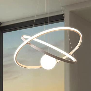Imagem de Luminária pendente LED moderna, lustre de mesa de jantar com 2 anéis LED, dimerizável e com controle remoto, ideal para sala de estar, cozinha, sala de jantar e quarto (Branca, 60 cm de comp