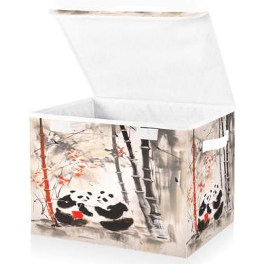 Imagem de Blueangle Cestos de armazenamento de bambu panda chinês com tampas, 42 x 32 x 30 cm, grande cesta organizadora dobrável para decoração de escritório e armário (249)